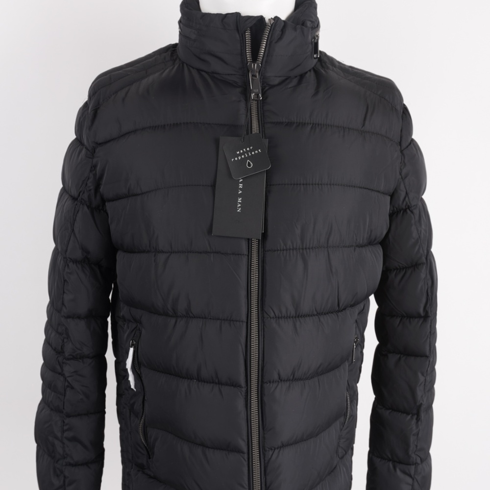 Zara Mens Puffer Coat Jacket Black Hood M